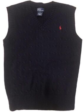 Ralph Lauren Navy V-Neck Cable Knit Sweater Vest with Red Pony Logo